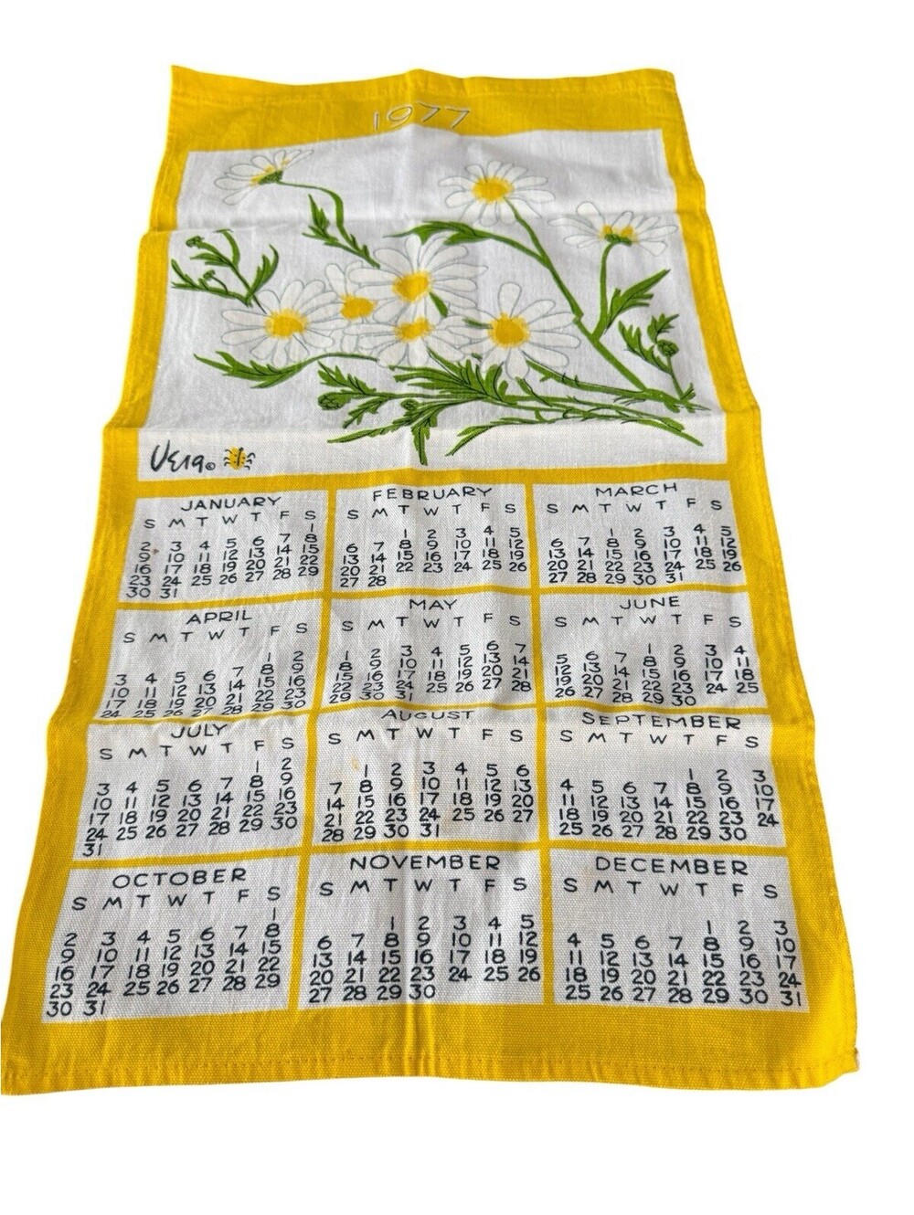 Vintage Calendar Dish Tea Towel Vera 1977 Yellow Daisy
